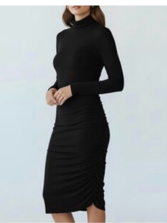 Halogen Dresses & Skirts - Halogen Black Ruched Turtleneck Bodycon Dress Midi Long Sleeve Stretch Pullover